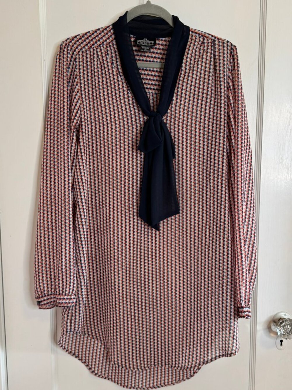 Angie Semi Sheer Blue Red Geometric Print Tunic Short Dress Neck Bow sz L